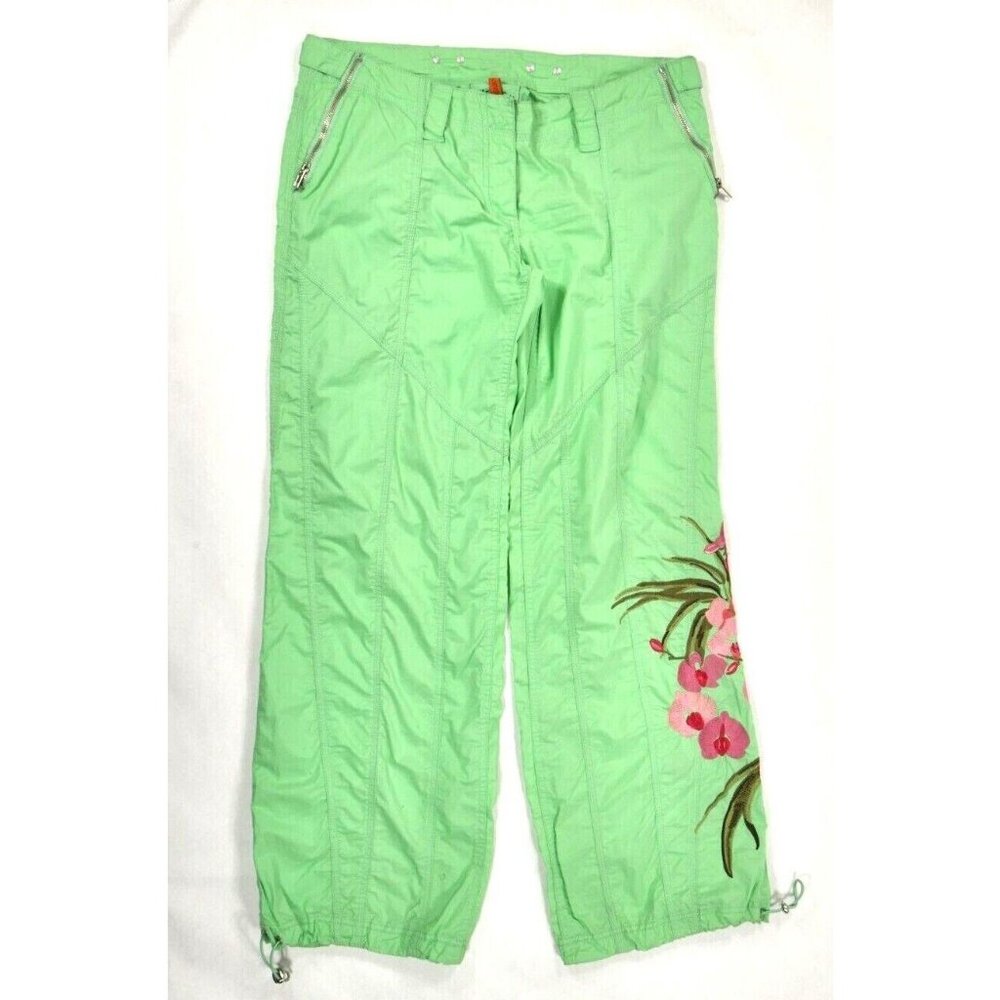 By Deep Los Angeles Green Cotton Embroidered Zip Pockets Pants Womens Large